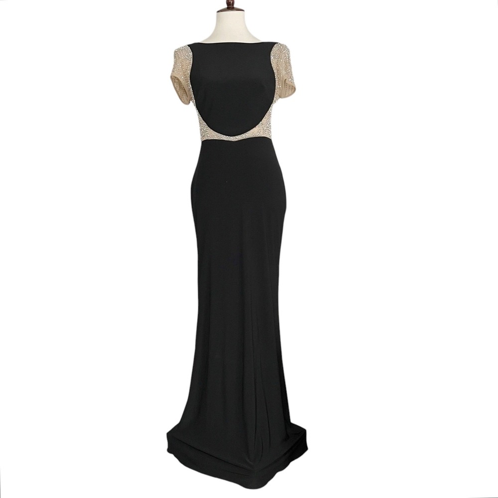 Xscape Black Short Sleeve Beaded Illusion Mesh & Jersey Gown Size 2